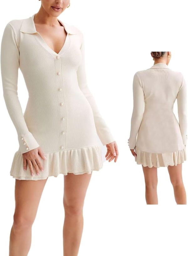 Women's Long Sleeve Ruffle Hem Knit Sweater Dress Collared Back Tie Knot Cut Out Mini Bodycon Dress