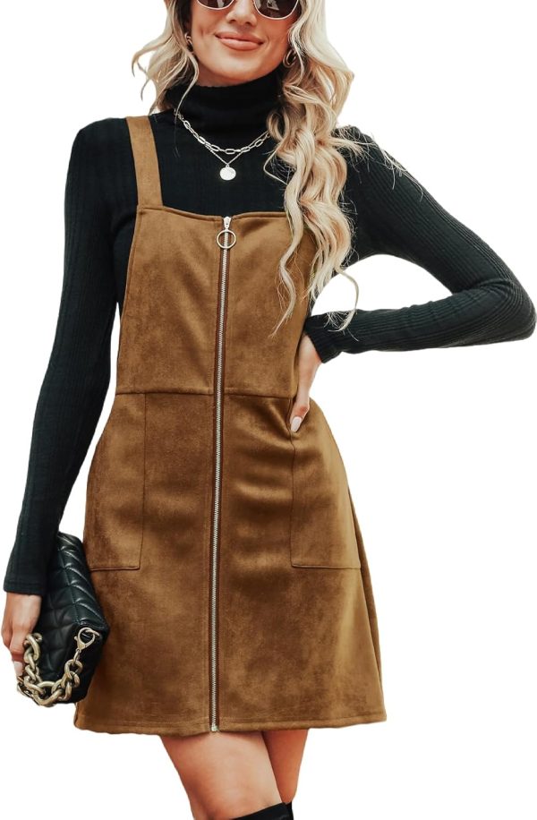 Faux Suede Mini Fall Dresses for Women Square Neck Pull Ring Zipper Front Pockets Wide Straps Casual Autumn Dress