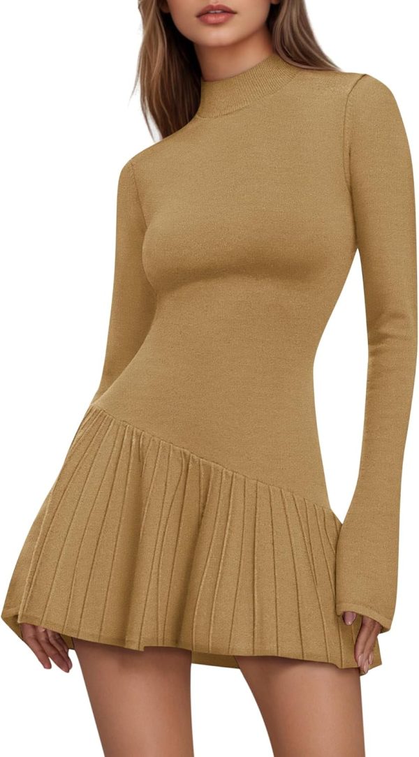 Women's Sweater Dress Crochet Ribbed Knit Ruffle Hem Flared Long Sleeve Mock Neck Mini Dress